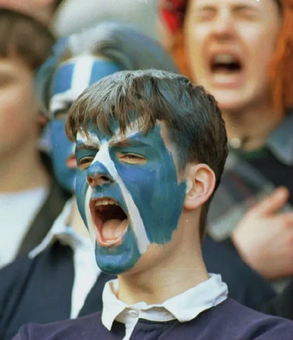 Framed Print : Scotland supporter shouts encouragement to rugby team during international against Framed Print : Scotland supporter shouts encouragement to rugby team during international against