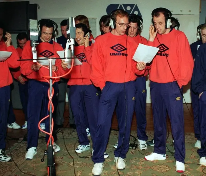 Framed Print : Scotland team recording Scottish football team singing the backing to Rod Stewart Framed Print : Scotland team recording Scottish football team singing the backing to Rod Stewart