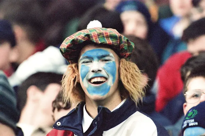 Framed Print : Scots Fan Murrayfield wearing tartan tammy saltire flag painted on face red hair Scotland