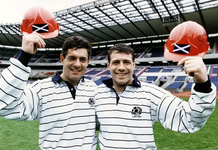 Framed Print : Scott Hastings and Gavin Hastings of the Scotland rugby squad standing in stadium holding