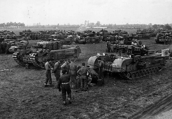 Scottish advance on Tilburg. Churchill tanks, equipped with 95 mm howitzers