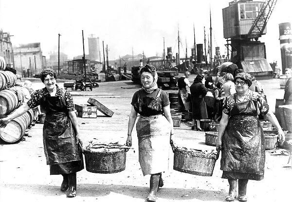 Scottish fishergirls at work during a busy spell after a big herring catch at North