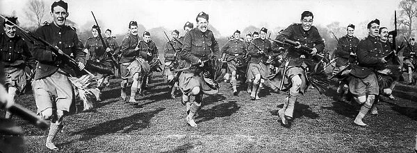 Scottish soldiers practice bayonet charge during World War One Circa 1916