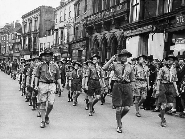 Scouts marching during VJ Day celebrations in England at the end of the Second World War