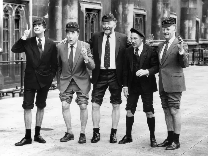 Framed Print : Four former scouts showing off their knees (left to right)- Derek Nimmo, Frankie Howerd Framed Print : Four former scouts showing off their knees (left to right)- Derek Nimmo, Frankie Howerd
