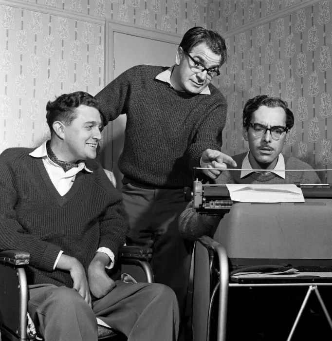 Framed Print : Scriptwriters Harry Driver and Vince Powell. Harry is back at work but confined to a