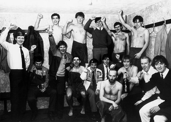 Scunthorpe United dressing room as players & manager Allan Clarke (extreme left