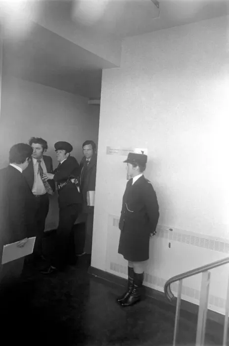 Framed Print : SDLP politician John Hume MP, being searched inside the county hall by police Framed Print : SDLP politician John Hume MP, being searched inside the county hall by police