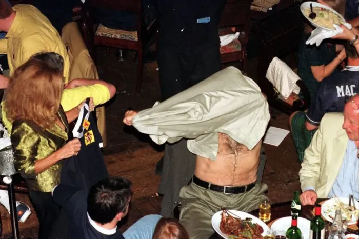 Framed Print : Sean Connery takes off shirt June 1998 and puts on Scottish top given to him by his wife Framed Print : Sean Connery takes off shirt June 1998 and puts on Scottish top given to him by his wife