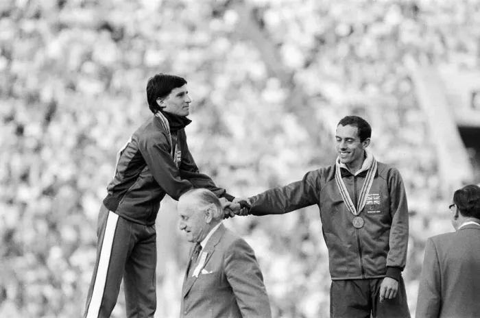 Framed Print : Sebastian Coe stands on podium during medal ceremony after Mens 1500 metres final Framed Print : Sebastian Coe stands on podium during medal ceremony after Mens 1500 metres final