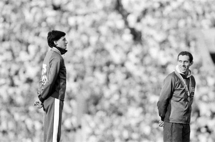 Framed Print : Sebastian Coe stands on podium during medal ceremony after Mens 1500 metres final Framed Print : Sebastian Coe stands on podium during medal ceremony after Mens 1500 metres final