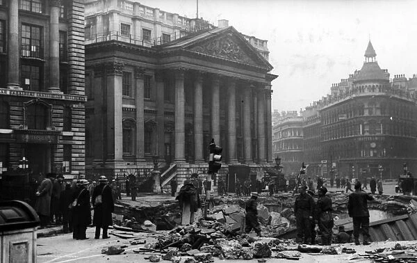 Second Great Fire of London. Scenes outside the Bank of England. December 1940