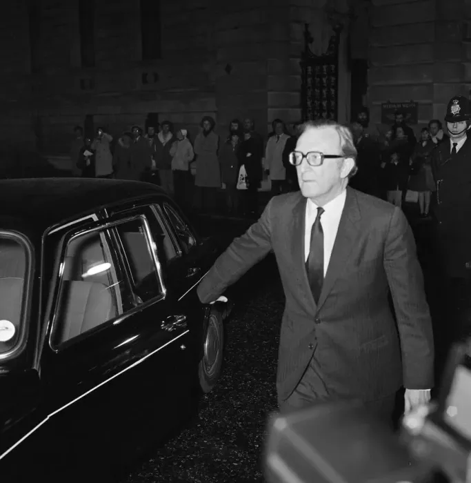 Framed Print : Secretary of State for Energy Lord Carrington arrives in Downing Street for talks with