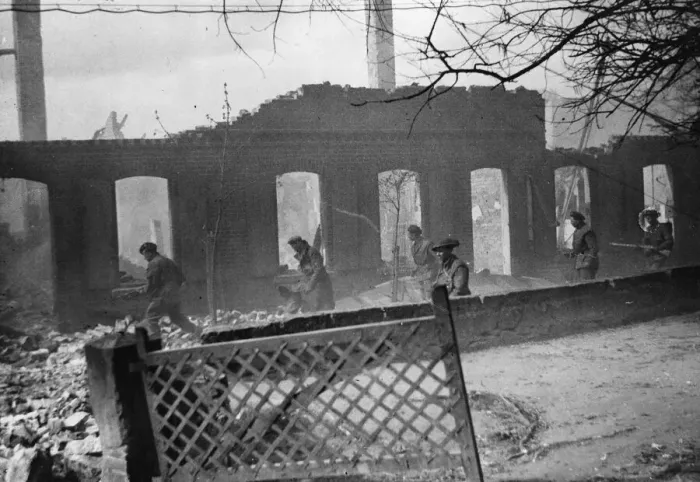 Framed Print : A section of D'Company 4th K. S. L. I. clearing a street in the town of Framed Print : A section of D'Company 4th K. S. L. I. clearing a street in the town of