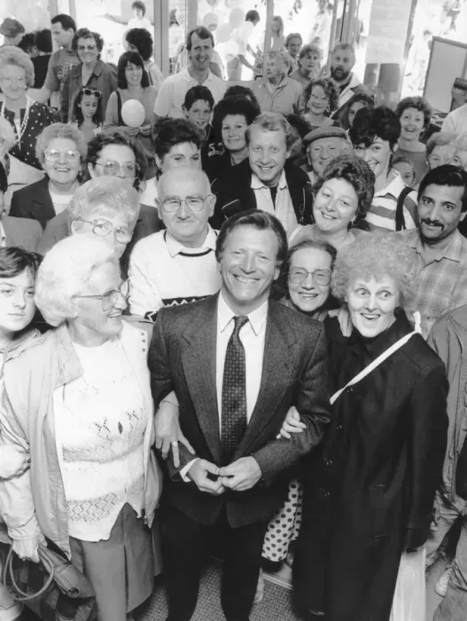 Framed Print : A seething mass of fans greeted Coronation Street star Johnny Briggs when he opened a new Framed Print : A seething mass of fans greeted Coronation Street star Johnny Briggs when he opened a new