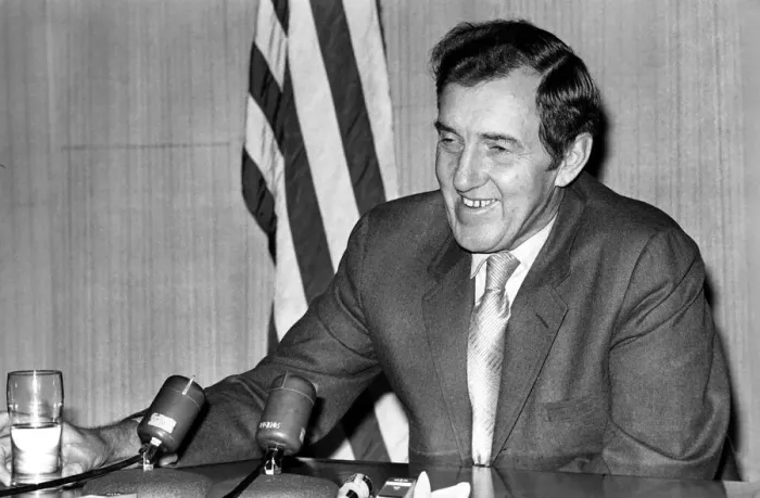 Framed Print : Senator Edmund Muskie answers questions at his London press conference