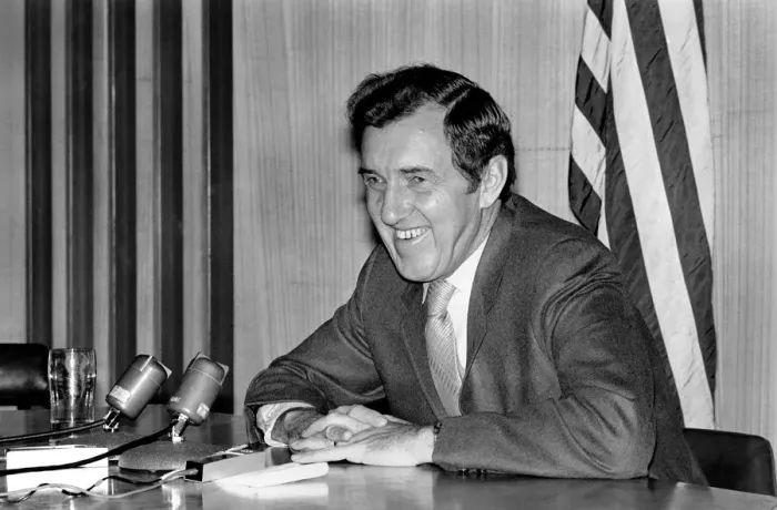 Framed Print : Senator Edmund Muskie answers questions at his London press conference