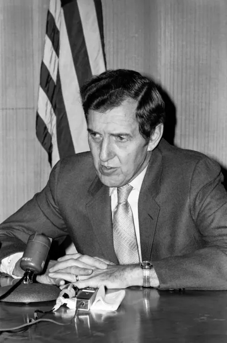 Framed Print : Senator Edmund Muskie answers questions at his London press conference