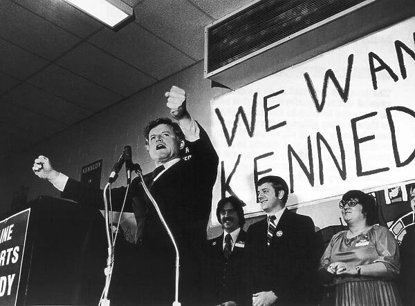 Senator Edward Kennedy on the platform, gestures to a Maine audience during his election
