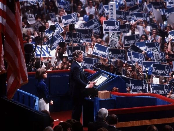 Senator Edward Kennedy speaks to enthusiastic supporters at the US Democratic convention
