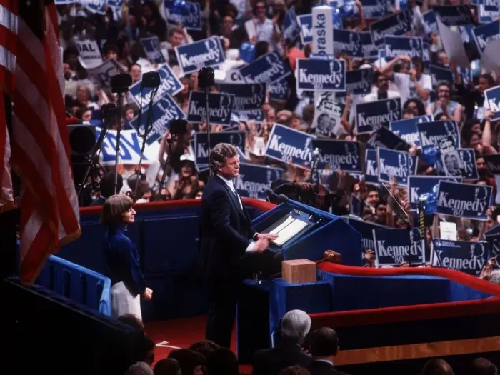 Framed Print : Senator Edward Kennedy speaks to enthusiastic supporters at the US Democratic convention Framed Print : Senator Edward Kennedy speaks to enthusiastic supporters at the US Democratic convention