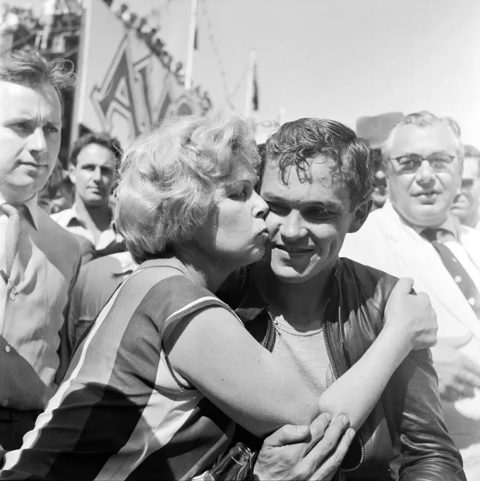 Framed Print : Senior TT race, Isle of Man. Winner Gary Hocking being congratulated by his mum Framed Print : Senior TT race, Isle of Man. Winner Gary Hocking being congratulated by his mum