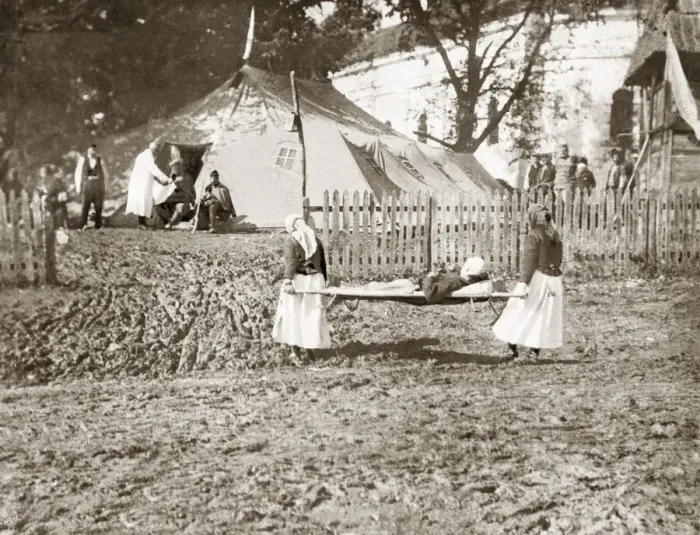 Framed Print : Serbian Women acting as stretcher bearers bringing in the wounded soldiers to Framed Print : Serbian Women acting as stretcher bearers bringing in the wounded soldiers to