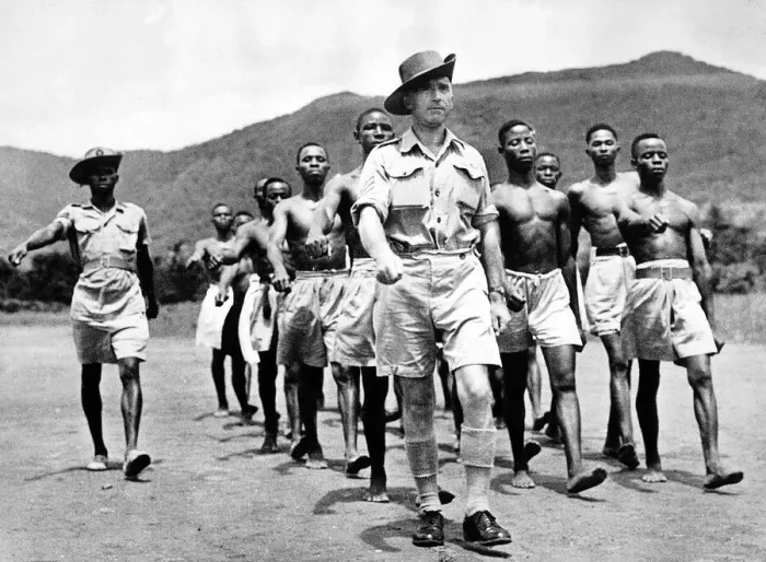 Framed Print : Sergeant George Thomas R. A. F. leading West African Air Corps recruits on a training march Framed Print : Sergeant George Thomas R. A. F. leading West African Air Corps recruits on a training march