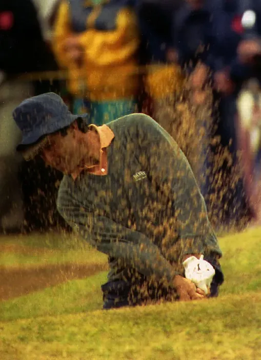 Framed Print : Seve Ballesteros golf player playing shot out of sand trap during the British Open Framed Print : Seve Ballesteros golf player playing shot out of sand trap during the British Open