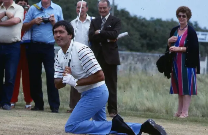 Framed Print : Seve Ballesteros golfer 1983 On knees after golf shot crowd watching Framed Print : Seve Ballesteros golfer 1983 On knees after golf shot crowd watching