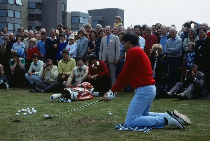 Framed Print : Seve Ballesteros golfer July 1984 Kneeling to play shot