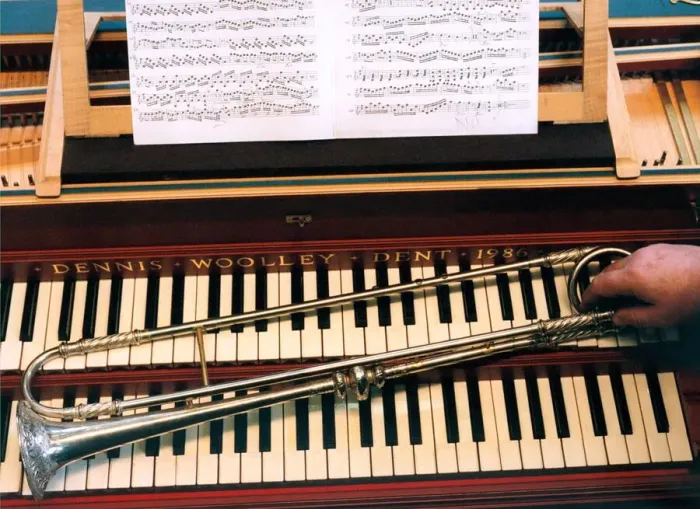Framed Print : A seventeenth century trumpet replica on the keyboard of a harpsichord Framed Print : A seventeenth century trumpet replica on the keyboard of a harpsichord