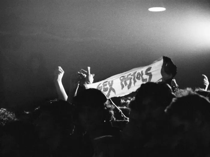 Framed Print : The Sex Pistols in Eindhoven, Holland. Dutch Punk fans with a banner during Framed Print : The Sex Pistols in Eindhoven, Holland. Dutch Punk fans with a banner during