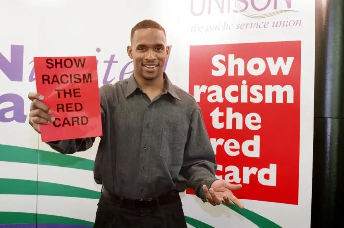 Framed Print : Shaka Hislop, Red card on Racism at Gosforth High School. 6th February 1998 Framed Print : Shaka Hislop, Red card on Racism at Gosforth High School. 6th February 1998