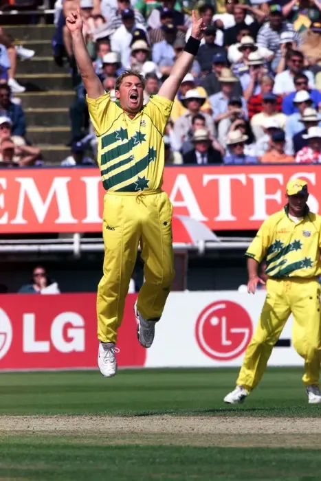 Framed Print : Shane Warne of Australia celebrates after taking the wicket Hansie Cronjie against South