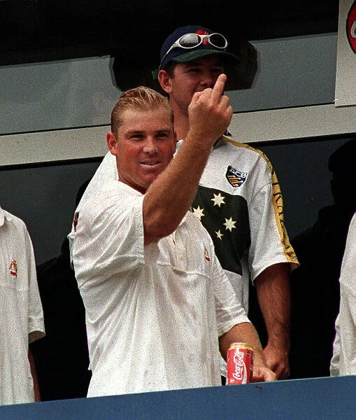 Shane Warne celebrates Australias win july 1997 after match at Old Trafford