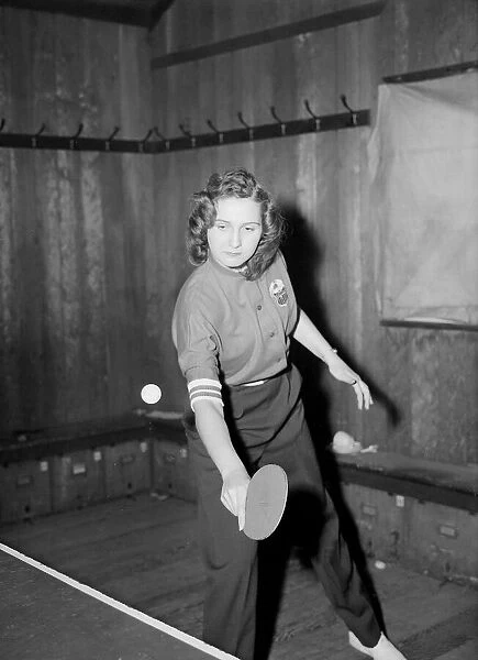 Sharon Koennke March 1952 Table Tennis Champion practising