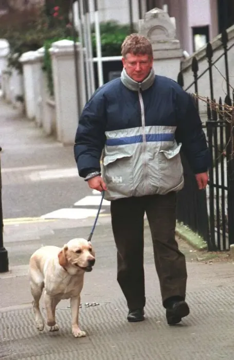 Framed Print : Shaun Scott actor walks his dog in Kensington February 1999 Framed Print : Shaun Scott actor walks his dog in Kensington February 1999