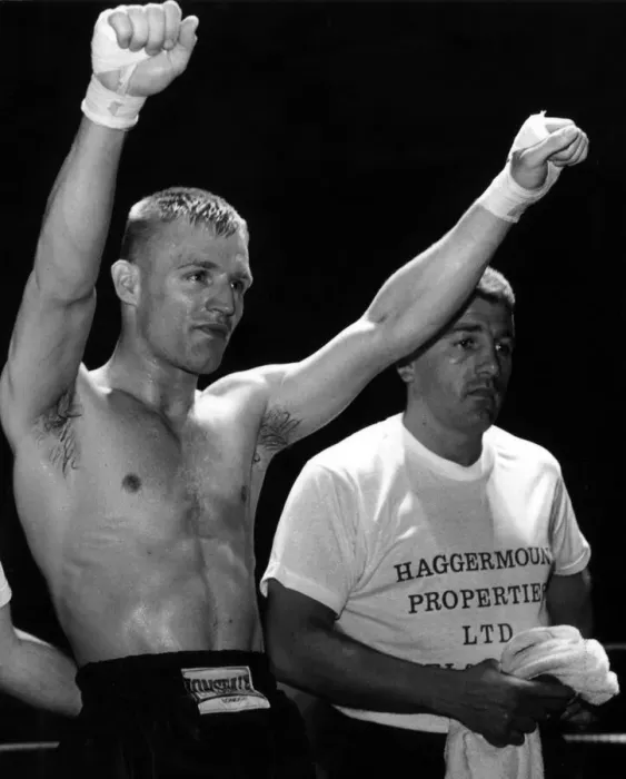 Framed Print : Shea Neary downs opponent Simon Frd then salutes his excellent victory Framed Print : Shea Neary downs opponent Simon Frd then salutes his excellent victory