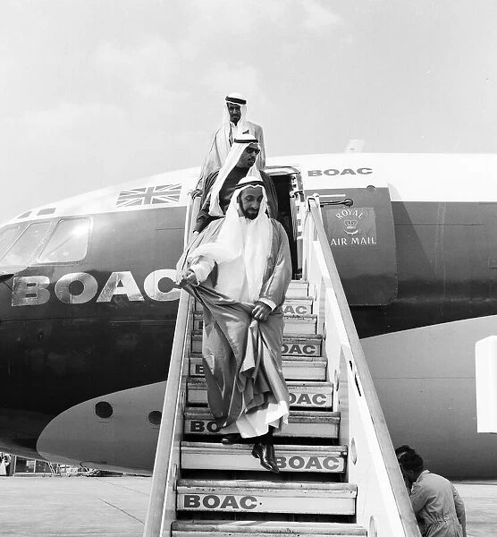 Sheikh Zayed bin Sultan Al Nahyan, ruler of Abu Dhabi, arrives at Heathrow airport