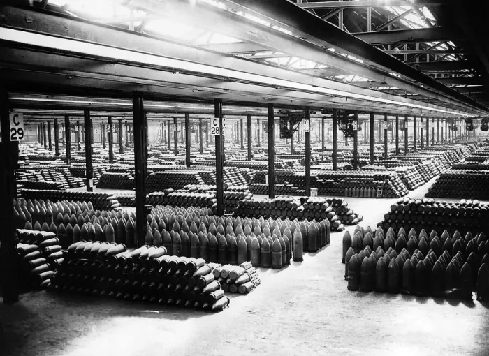 Framed Print : Shells lined up in a British factory in preparation for the 1937 Framed Print : Shells lined up in a British factory in preparation for the 1937