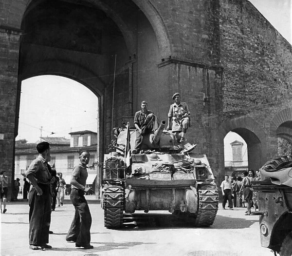 A Sherman tank of a South African unit of the Eighth Army enters the city of Florence