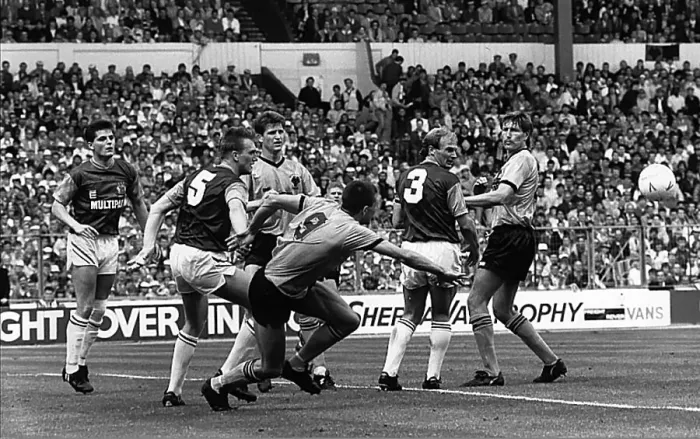 Framed Print : Sherpa Van Trophy winners Wolverhampton Wanderers Steve Bull heading the ball which led to a goal by Andy Mutch. May 1988 Framed Print : Sherpa Van Trophy winners Wolverhampton Wanderers Steve Bull heading the ball which led to a goal by Andy Mutch. May 1988