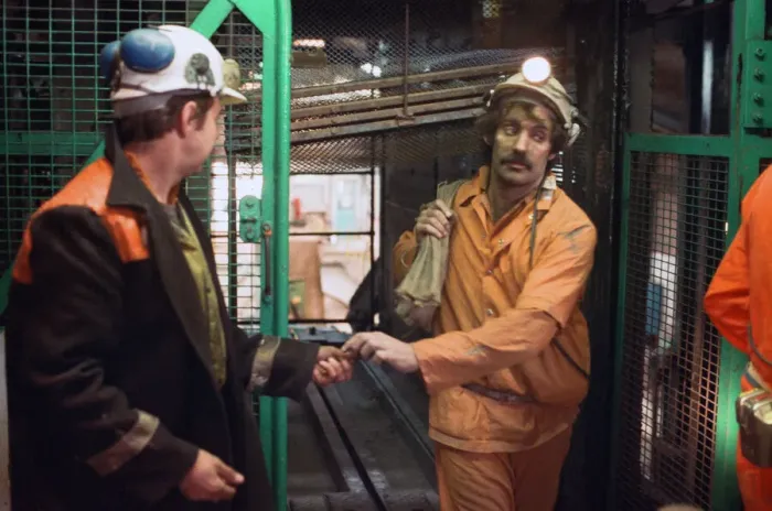 Framed Print : The last shift at Cotgrave Colliery, returns to the surface. Circa 1992