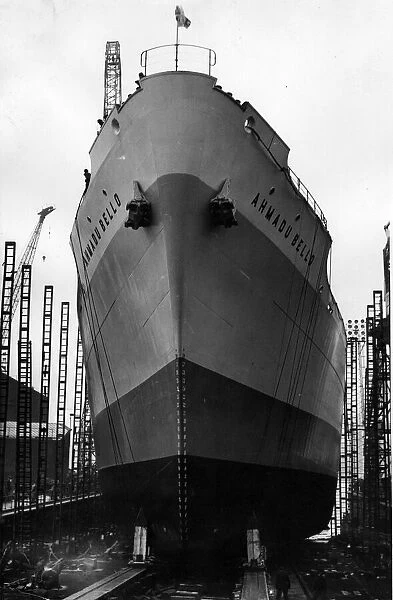 The ship Ahmadu Bello enters the water at a shipyard in the North East