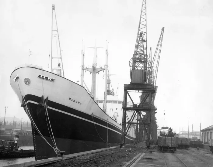 Framed Print : The ship Bamora is seen loading her maiden voyage cargo before she sets out to the wide Framed Print : The ship Bamora is seen loading her maiden voyage cargo before she sets out to the wide