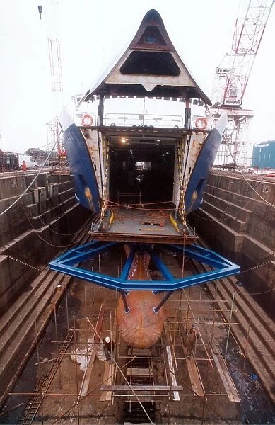 A ship being built in dry dock at Tees Dock Yard in Middlesbrough in 1995