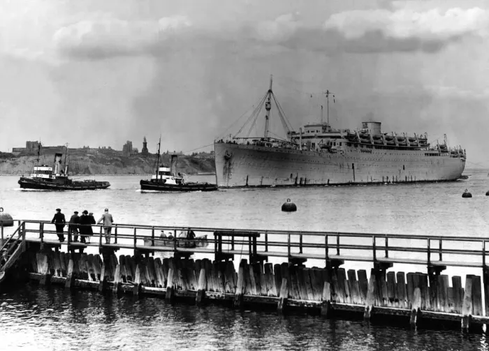 Framed Print : The ship Georgic arrives at the River Tyne for reconversion at a North East shipyard Framed Print : The ship Georgic arrives at the River Tyne for reconversion at a North East shipyard