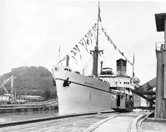 Framed Print : The Ship Gothic carrying the Queen and Duke of Edinburgh, entering Padro Migual Locks Framed Print : The Ship Gothic carrying the Queen and Duke of Edinburgh, entering Padro Migual Locks