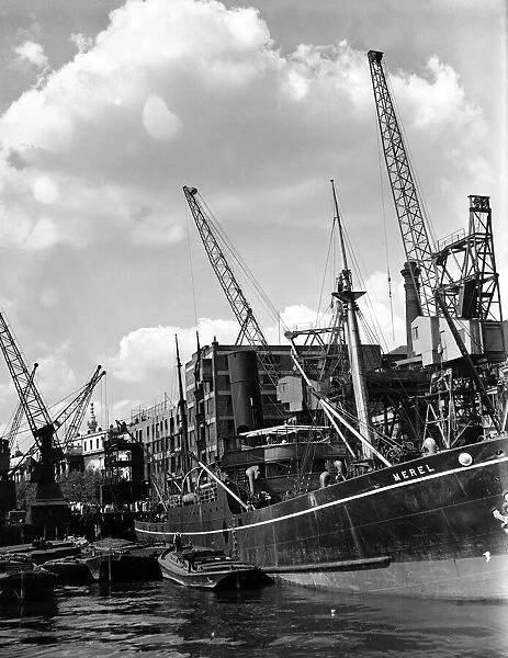 The ship Merel tied up in a London dock. Circa 1935